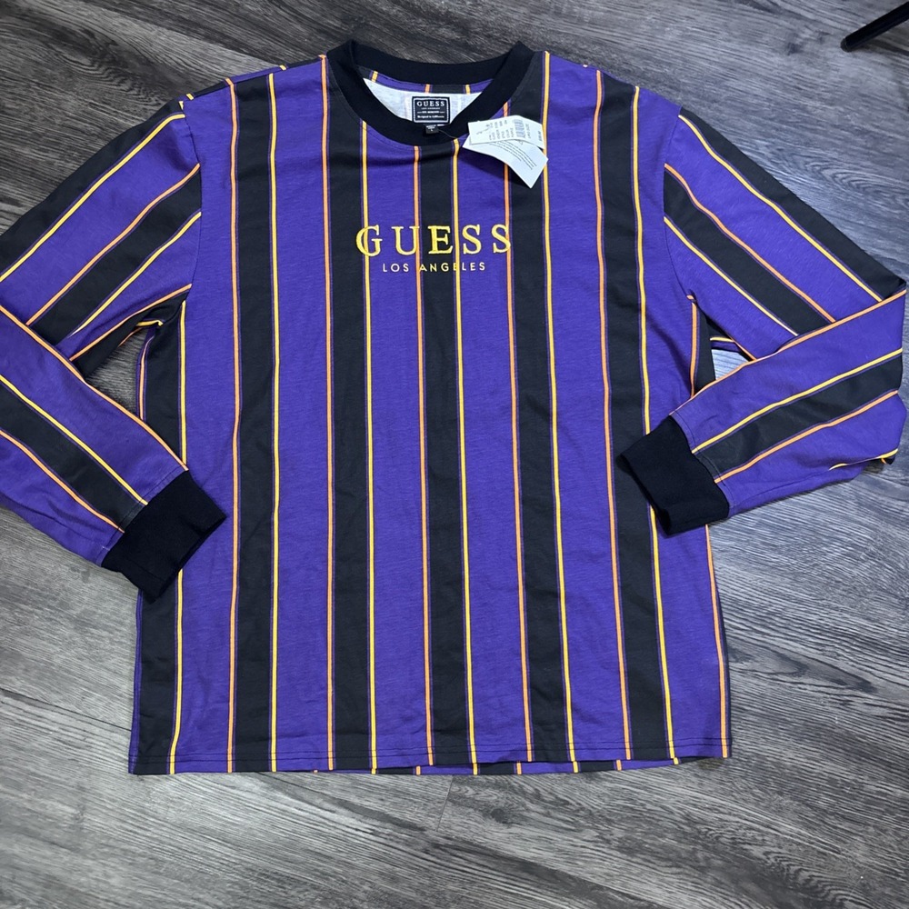 VIntage GUESS Los Angeles Long Sleeve Shirt Purple Black Gold Striped Tag Sz S